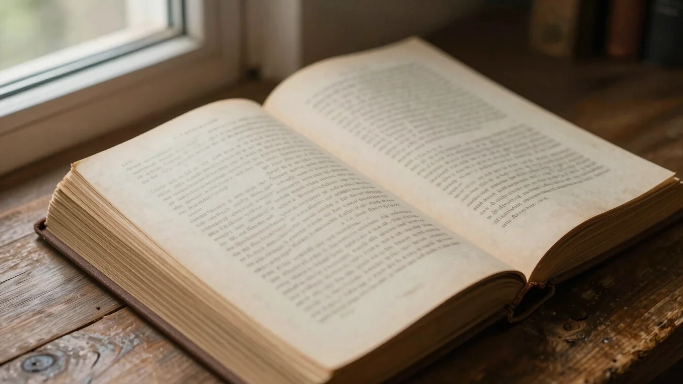 Página de um livro antigo com margens anotadas, luz de janela sua