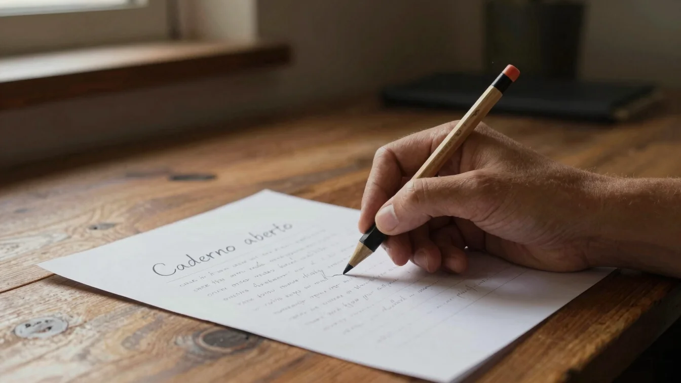 Caderno aberto com escrita manuscrita a lápis sobre mesa de madei