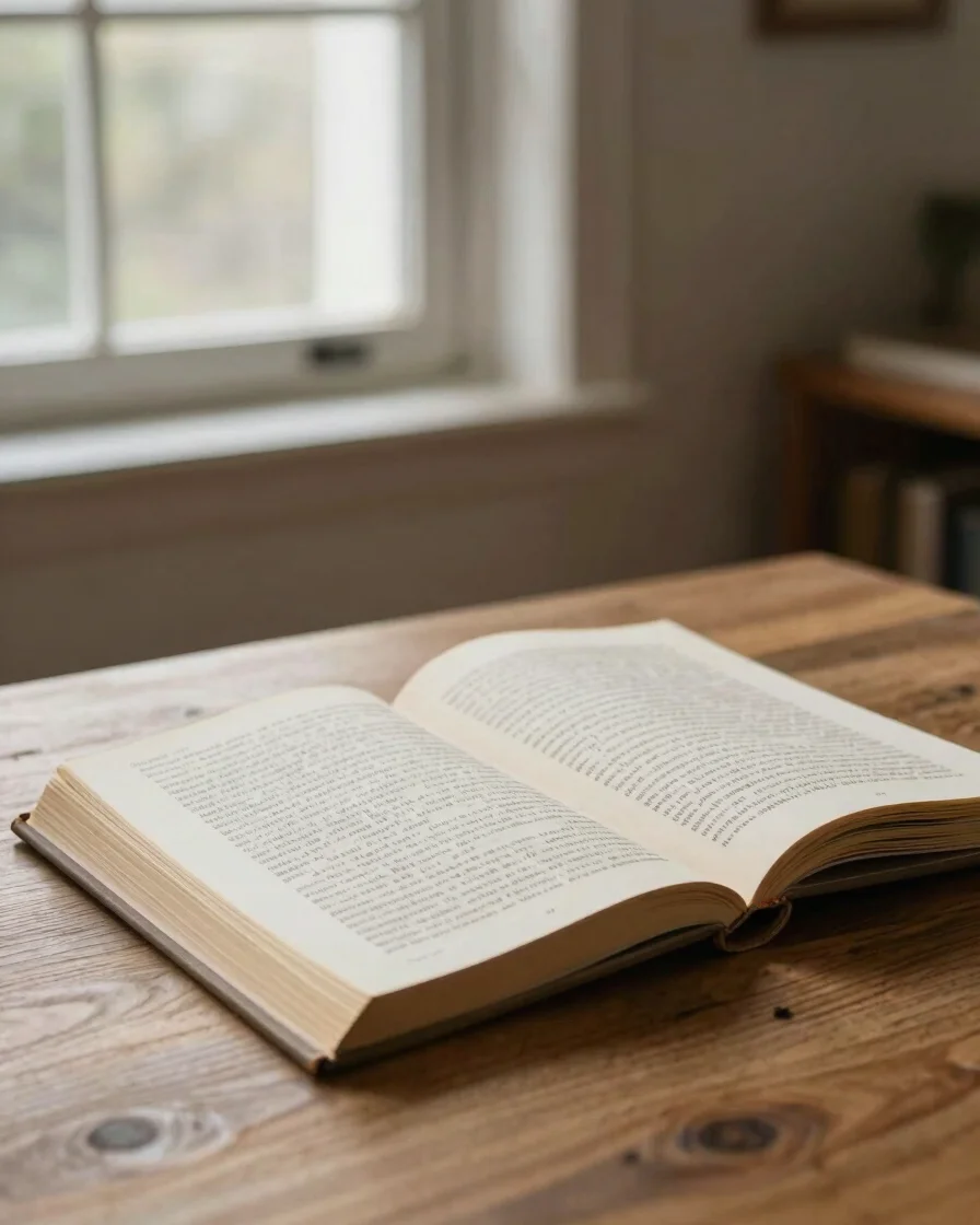 Livro aberto sobre uma mesa de madeira clara, com anotações a láp