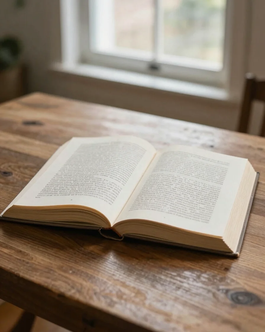 Livro aberto sobre mesa de madeira com páginas anotadas à mão, lu